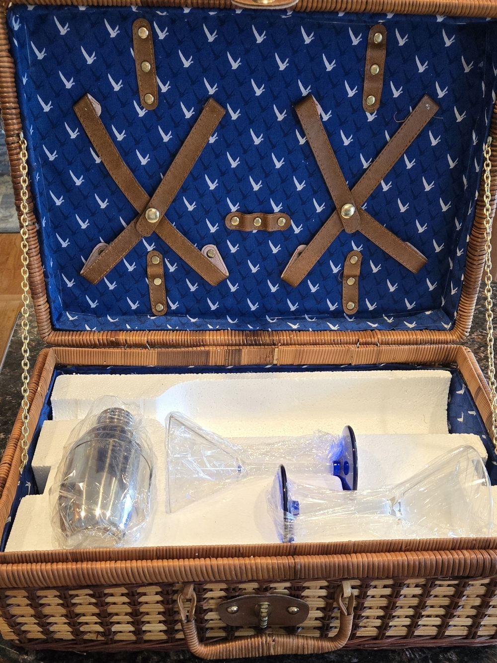 Vtg Grey Goose Wicker Picnic Basket Set with Shaker Glass and 2 Martini Glasses